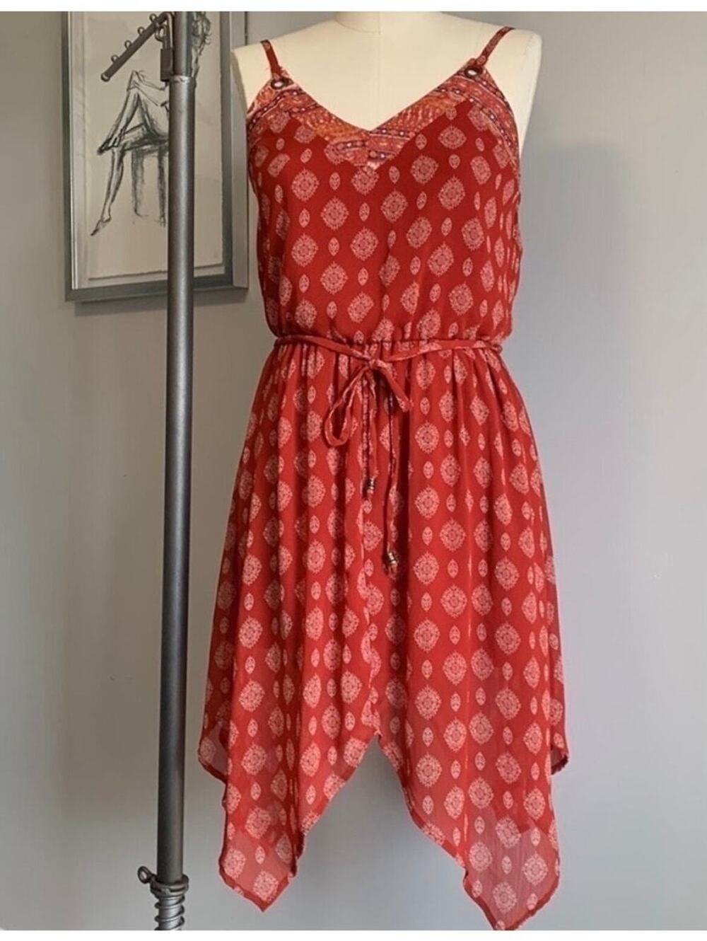 Red Boho Xhiliration Flowy Dress Women’s XS Hippie Fairy Y2K Medallion